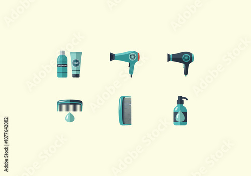 Vector Flat Concept Flat Vector Illustration of Teal Hair Styling Products and Tools Collection.