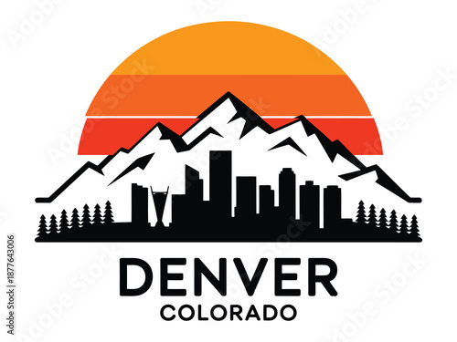 Denver Colorado skyline with Rocky Mountains and ski slopes, vector illustration showcasing urban cityscape, winter sports, outdoor adventure, travel destination, and scenic mountain landscape design.