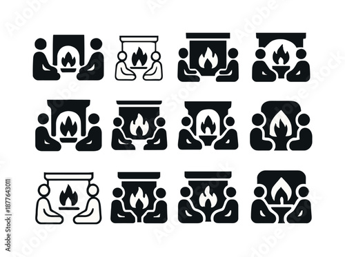 Fireplace Logo Icons. People enjoying a warm fire in the fireplace. Icon set. Set Logo of people enjoying a warm fire in the fireplace: group by hearth.