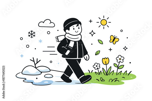 Seasonal Transition Scene. Winter to spring transition. A character standing between melting snow and fresh green plants, gently moving from cold to warmth.