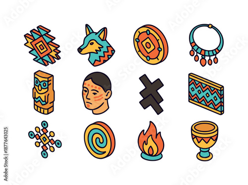 Indigenous Symbol Icons. Indigenous symbols. Colorful isometric vector icons set of indigenous symbols: tribal patterns, spirit animal icon, symbolic shield,