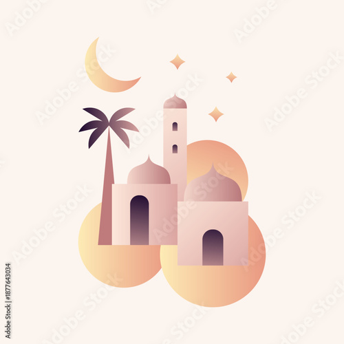 Ramadan Night Scene with Mosque Architecture Crescent Moon Palm Tree and Soft Gradient Shapes.