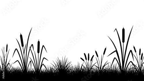“Minimalist botanical silhouettes, wetland plants, cattails and grass clumps, high contrast black and white, flat design”