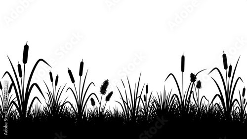 “Minimalist botanical silhouettes, wetland plants, cattails and grass clumps, high contrast black and white, flat design”