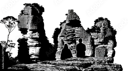 Black and white illustration depicts silhouetted figures on a rocky outcrop near large rock formations