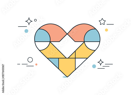 Geometric Heart Illustration. Heart shapes geometric illustration. A central abstract heart built from simple circles and rectangles, gentle symmetry and quiet