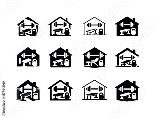 Fitness Icon Set. fitness spaces and gym setups. Icon set. Set Logo of fitness spaces and gym setups: compact home gym setup. harmonious logo variations of the