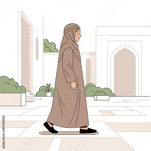 Illustration of a Muslim woman in a hijab and long dress walking in a traditional architectural setting.