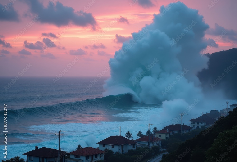 Fototapeta premium Dramatic Tsunami Wave Approaching Coastal Town High Impact Ocean Surge Aerial View