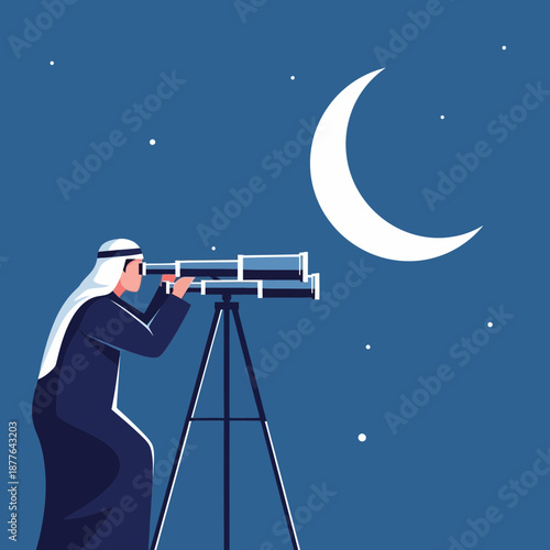 A man in traditional attire observing the crescent moon and stars through a telescope at night.