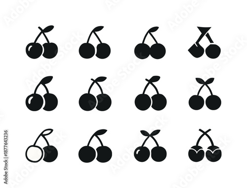 Fruit Logo Variations. Fruits. Icon set. Set Logo of fruits: cherry pair. harmonious logo variations of the same emblematic concept, each with different