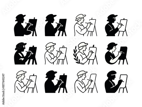 Classic Art Logo Grid. Classic paintings and old-world art styles. Icon set. Set Logo of classic paintings and old-world art styles: vintage artist signature.