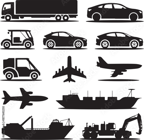 black silhouettes of various vehicles and modes of transportation
