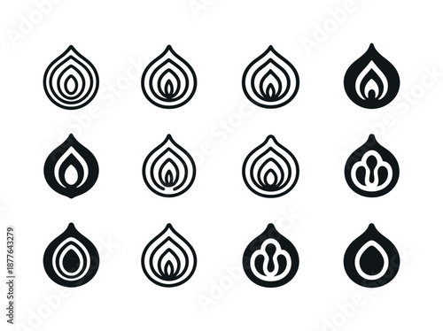 Onion Logo Variations. Onion. Icon set. Set Logo of onion: cross-section onion core. harmonious logo variations of the same emblematic concept, each with