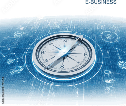 Create a realistic E-Business concept. Compass Direction On Digital Code Blue Background. 3d rendering vector art with white background..