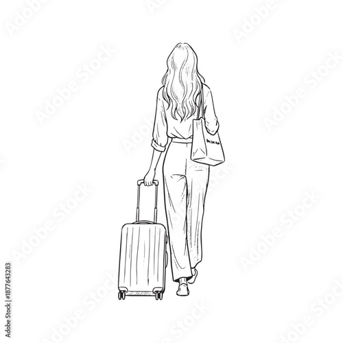 Woman walking with rolling suitcase and tote bag, back view vector line art. Fashion illustration of traveler girl going on vacation. Minimalist sketch of female passenger with luggage.
