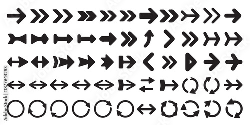A Diverse Collection of Black Arrow Icons Representing Direction, Movement, and Navigation