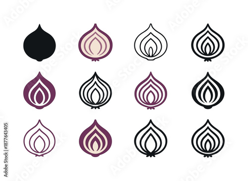 Onion Logo Variations. Onion. Icon set. Set Logo of onion: onion half with visible layers. harmonious logo variations of the same emblematic concept, each with