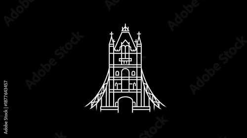 A minimalistic white outline illustration of a bridge with intricate details against a solid black background