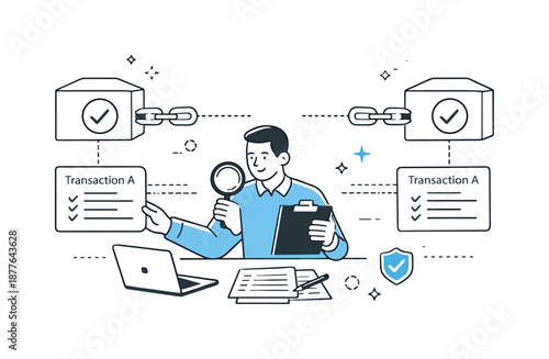 Ledger Review Illustration. Transaction verification process. Auditor comparing transaction cards across connected ledger blocks. Calm methodical review