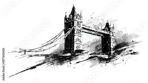 Artistic black and white illustration of a historic suspension bridge with a textured, painterly style