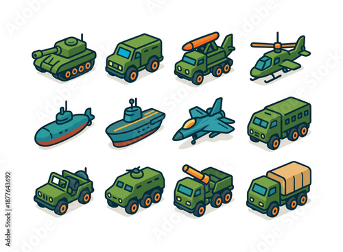 Colorful War Vehicles Icons. Vehicles of war. Colorful isometric vector icons set of vehicles of war: battle tank, armored truck, missile carrier, attack