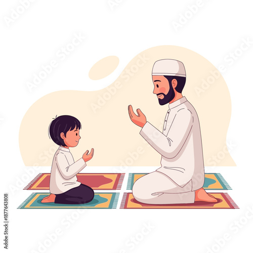 A Muslim father and son kneeling on prayer mats, raising their hands in supplication during prayer, depicting Islamic religious practice and family devotion.