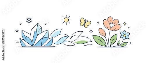 Seasonal Transition Art. Winter to spring transition. Abstract icy shapes slowly opening into organic curves, symbolizing seasonal change. The scene