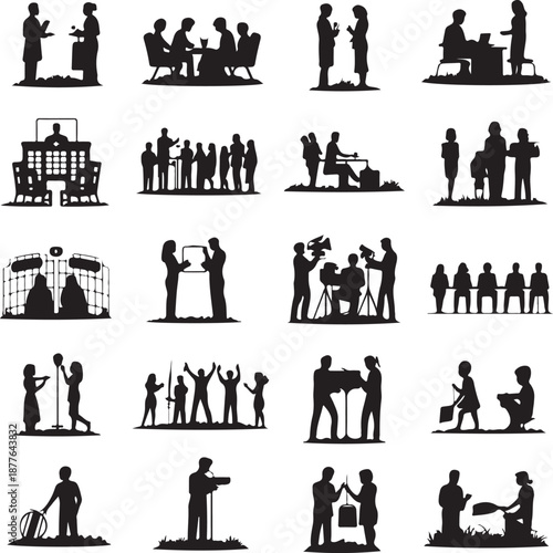collection of black silhouettes of people doing various activities on white background