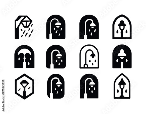 Rainy Day Logos. Rainy Day. Icon set. Set Logo of Rainy Day: streetlight in rain. harmonious logo variations of the same emblematic concept, each