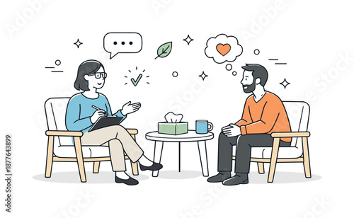 Therapeutic Conversation Scene. Therapy session. Therapist and client sitting calmly across from each other, having a thoughtful conversation. Safe atmosphere,