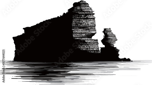 A monochrome illustration of a rocky island formation with a water reflection