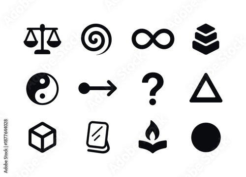 Philosophical Icon Set. Philosophical ideas. Solid icon set of philosophical ideas: balance scale, paradox spiral, infinite loop, layered meaning icon, duality