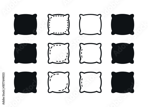 Fluffy Pillow Icons. Fluffy pillow. Icon set. Set Logo of fluffy pillow: pillow with stitched edges. harmonious logo variations of the same emblematic concept,