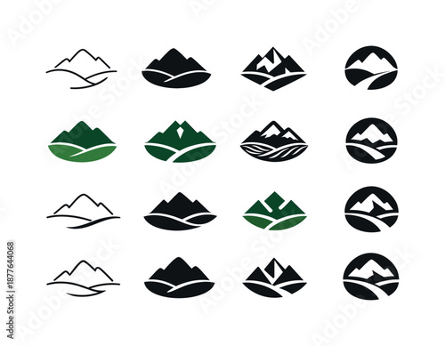 Lush Valley Logos. Lush Valley. Icon set. Set Logo of Lush Valley: mountain and valley curve. harmonious logo variations of the same emblematic concept, each