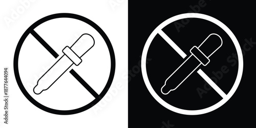 Prohibited dropper icon in black and white themes, symbolizing no liquid dispensing. Ideal for signage, packaging, UI alerts, and safety-related graphic design.