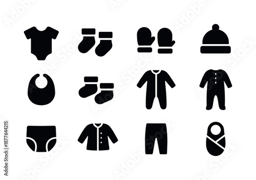 Baby Clothing Icons. Baby clothing. Solid icon set of baby clothing: onesie, socks, mittens, hat, bib, booties, romper, sleepwear, diaper cover, soft jacket,