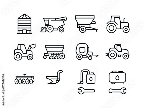 Farm Machinery Icons. Grain silo. Line icon set of farm machinery: combine harvester, grain cart, tractor, loader bucket, seed drill, baler icon, sprayer boom,