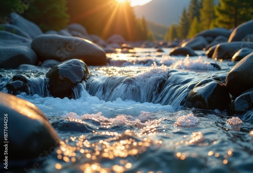 Glittering Mountain Stream Rushing Over Smooth Stones Under Vibrant Sunlight with Playful Shadows and Reflective Glimmers