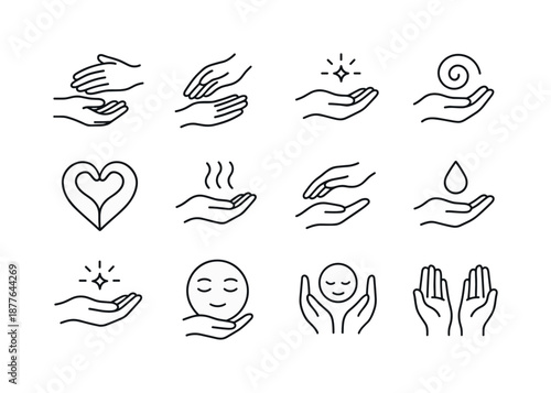 Soothing Hands Icon Set. Soothing hands. Line icon set of Soothing hands: gentle touch, fingers brushing, open hand with light, calming swirl, heart hands,