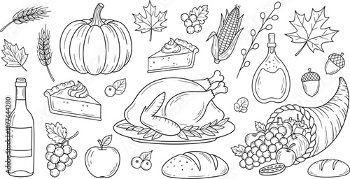 Hand drawn black and white outline collection featuring traditional Thanksgiving holiday food elements like turkey, pumpkin, pie, and cornucopia symbols