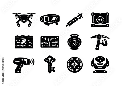 Xeno-Archaeology Icon Set. Extraterrestrial archaeology. Solid icon set of xeno-archaeology tools and finds: excavation drone, scanning visor, plasma brush,