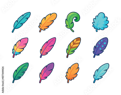 Colorful Feather Icons. Feather details. Colorful isometric vector icons set of feather details: long primary feather, soft secondary feather, curled tip