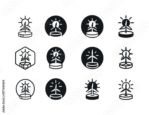 Renewable Energy Icons. Renewable energy credits. Icon set. Set Logo of Renewable energy credits: sustainable energy token. harmonious logo variations of the