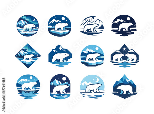 Winter Wildlife Icons. Snowy landscapes with animals in winter habitats. Icon set. Set Logo of snowy landscapes with animals in winter habitats: polar bear.