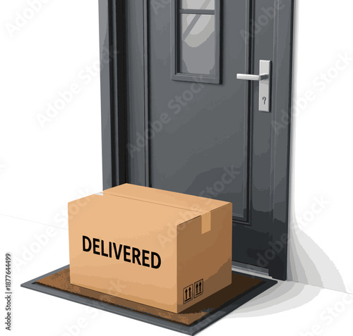 Create a realistic Online purchase delivery service concept. Cardboard parcel box delivered outside the door. Parcel near entrance door. 3d rendering vector art with white background..