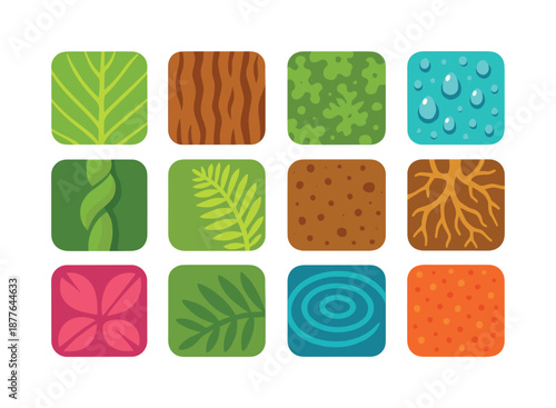 Rainforest Texture Icons. rainforest textures. Colorful flat vector icons set of rainforest textures: leaf veins, bark grooves, moss texture, dew droplet