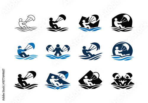 Snowkiting Logo Set. Snowkiting on frozen lakes. Icon set. Set Logo of snowkiting on frozen lakes: frozen wind ripple. harmonious logo variations of the same
