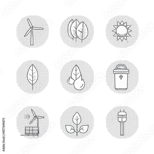Eco Icons Set Featuring Wind Turbine, Leaves, Sun, Plants, Bin, Recycling, Garden Sapling, and Microphone