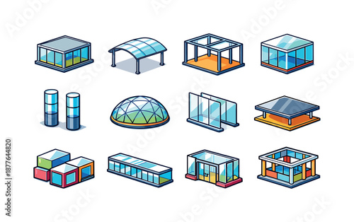 Modern Pavilion Icons. Modern Pavilion. Colorful isometric vector icons set of Modern Pavilion: glass pavilion, transparent canopy, open frame hall, glass cube